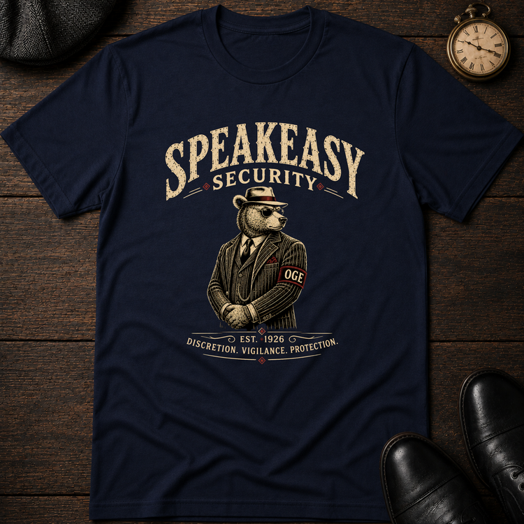 Speakeasy Security T-Shirt in navy with a bear bouncer in a pinstripe suit, fedora and OGE armband